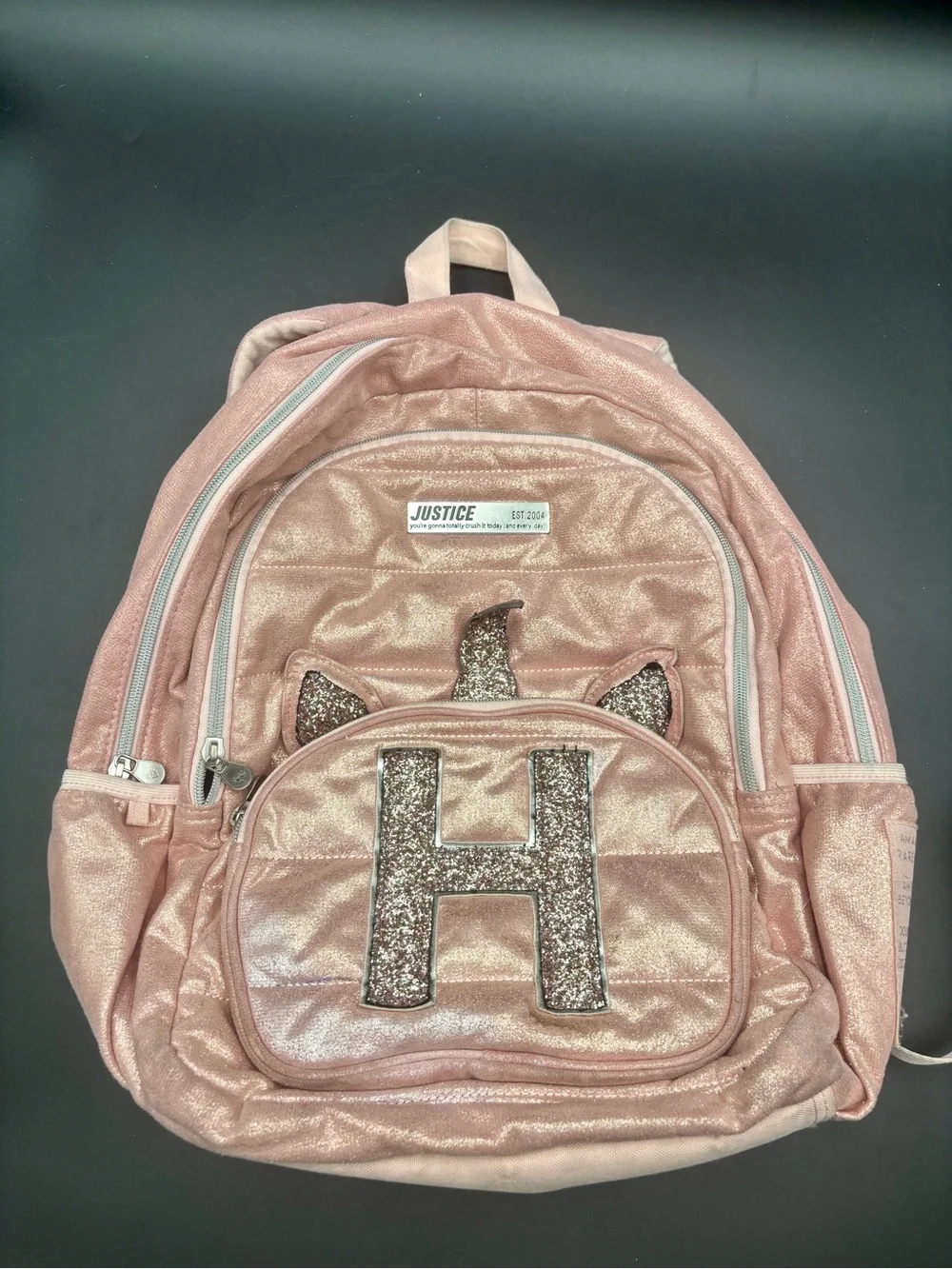 Justice Girls Pink Rose Gold Metallic Unicorn Initial 